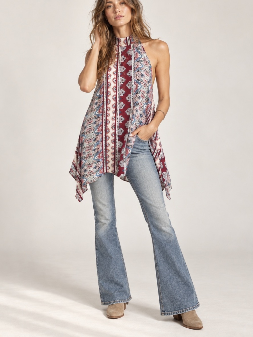 Free People Intimately Paisley Halter Swing Tunic Tank Top XS Boho Festival